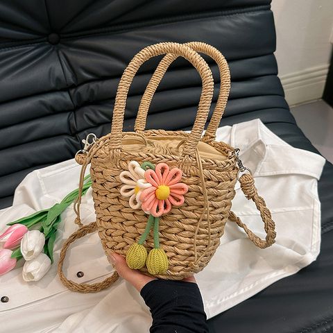 Women's Medium Straw Solid Color Flower Vacation String Shoulder Bag Handbag Straw Bag
