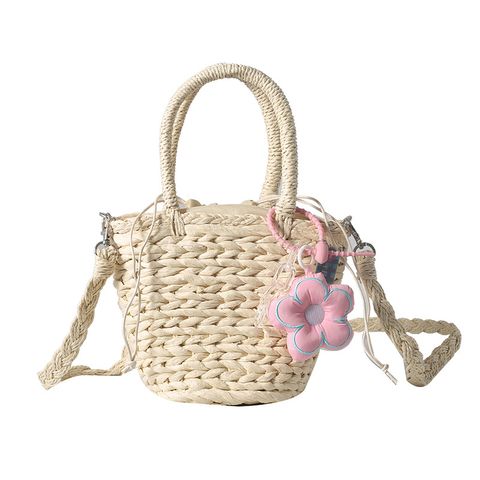 Women's Medium Straw Solid Color Flower Vacation String Shoulder Bag Handbag Straw Bag