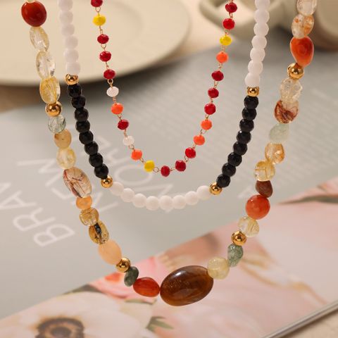 Bohemian Simple Style Commute Round Natural Stone Agate Titanium Steel Beaded 18K Gold Plated Unisex Necklace