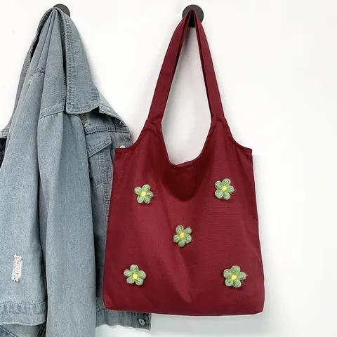 Women's Large Canvas Flower Basic Square Magnetic Buckle Canvas Bag