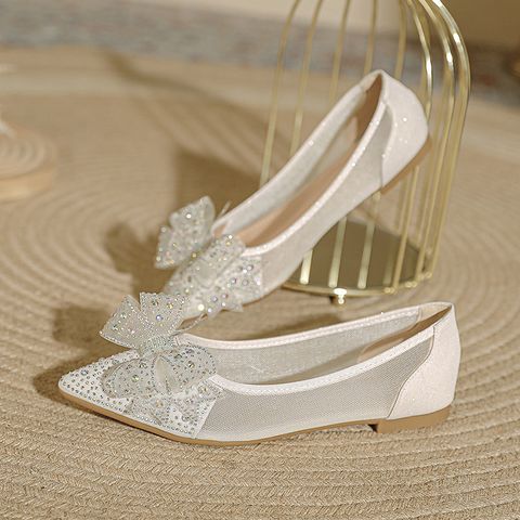 Women's Elegant Solid Color Rhinestone Lace Bowknot Point Toe Flats