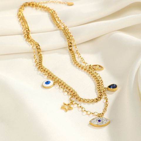 304 Stainless Steel Casual Simple Style Plating Devil's Eye Star Zircon Double Layer Necklaces