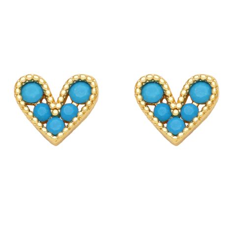 Fashion Heart Copper Artificial Gemstones 18k Gold Plated Earrings Ear Studs