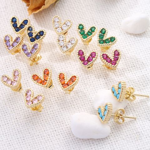1 Pair Fashion Heart Shape Inlay Copper Zircon 18k Gold Plated Ear Studs