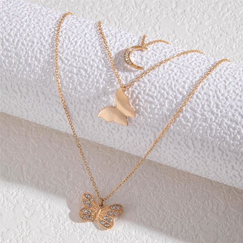 Elegant Simple Style Shiny Moon Butterfly Alloy Layered Inlay Zircon Women's Three Layer Necklace