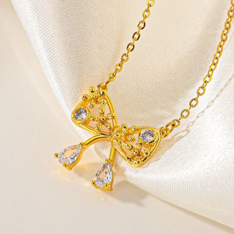 Wholesale Cute Sweet Bow Knot Titanium Steel Inlay Pearl Zircon Necklace