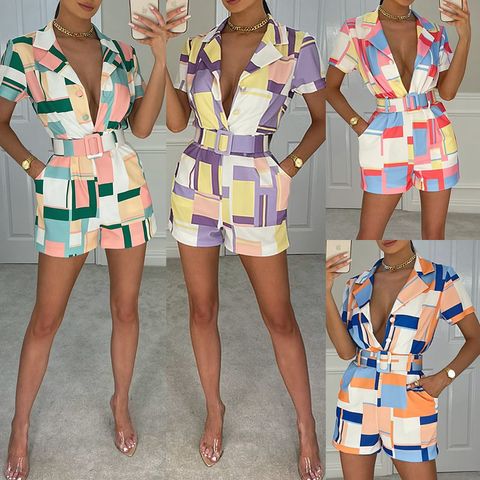 New Style Lapel Plaid Printed Contrast Color One-piece Women's Jumpsuit