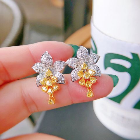 New Luxury Micro-encrusted Full Diamond Ascut Yellow Diamond Flower Earrings Style Advanced Jewelry