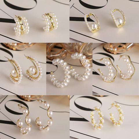 Unisex Fashion Geometric Alloy Artificial Gemstones Earrings Pearl Plating Metal Hoop Earrings