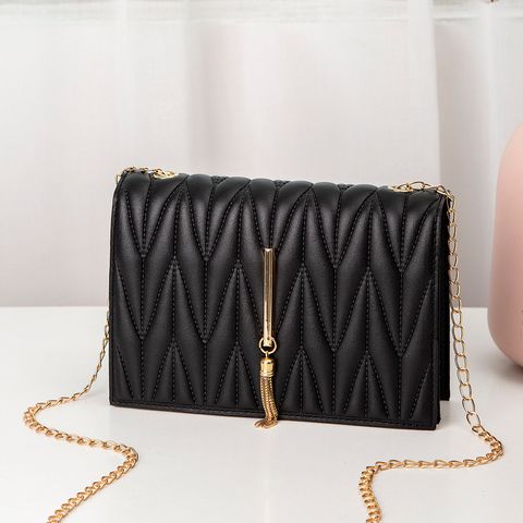 Women's Small Pu Leather Solid Color Fashion Tassel Square Magnetic Buckle Crossbody Bag