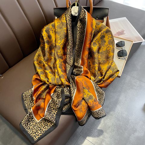 New Retro Leopard Floral Print Long Silk Scarf Beach Towel Large Shawl Women