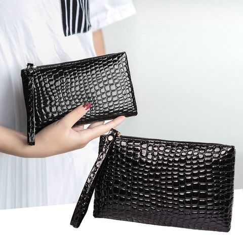 Women's Mini Summer Pu Leather Solid Color Crocodile Fashion Square Zipper Clutch Bag