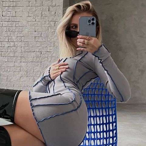 Women's Bodycon Dress Streetwear Round Neck Long Sleeve Solid Color Maxi Long Dress Above Knee Daily