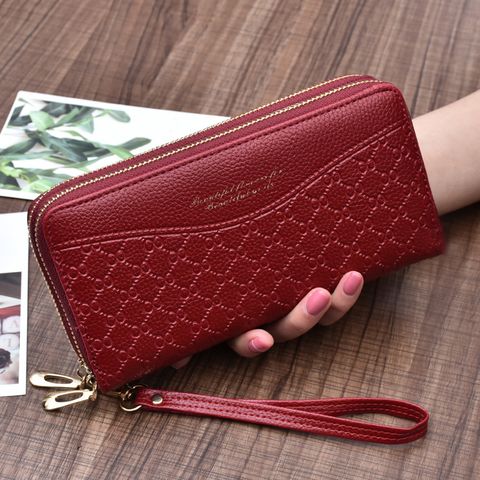 Fashion Letter Lingge Embossing Square Zipper Clutch Bag Long Wallet