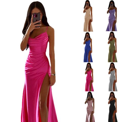 Women's Strap Dress Elegant V Neck Patchwork Sleeveless Solid Color Maxi Long Dress Street