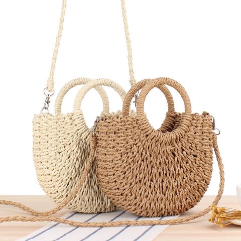 Women's Small Spring&summer Straw Solid Color Vacation Semicircle String Straw Bag