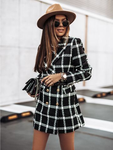 Fashion Plaid Polyester Double Breasted Woolen Coat