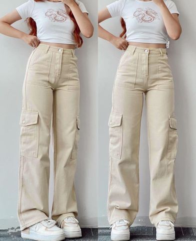 Women's Daily Simple Style Solid Color Full Length Pocket Cargo Pants