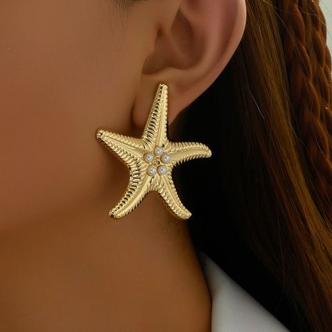 1 Pair Elegant Starfish Plating Inlay Ferroalloy Artificial Pearls Gold Plated Ear Studs