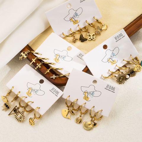 1 Set Funny Simple Style Artistic Cross Dolphin Plating Inlay Stainless Steel Zircon 14k Gold Plated Drop Earrings