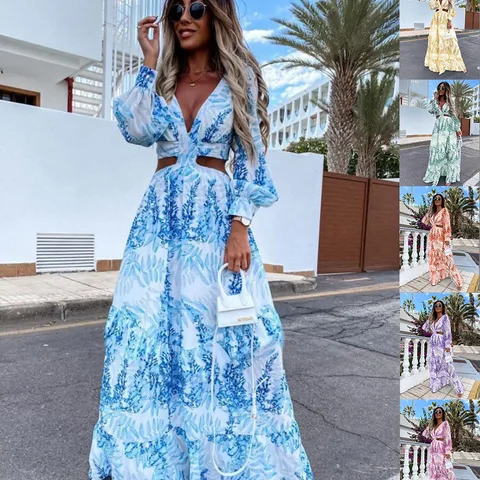 Women's A-line Skirt Elegant V Neck Printing Long Sleeve Printing Maxi Long Dress Daily