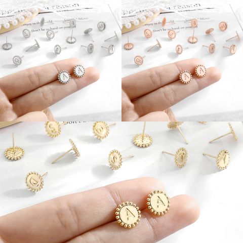 1 Pair Casual Elegant Round Letter Plating Copper 14k Gold Plated Ear Studs