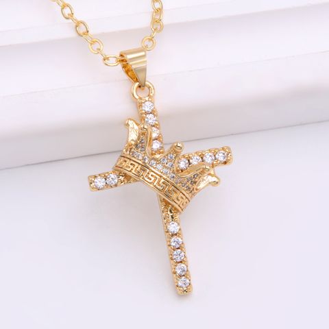 Artistic Shiny Cross Crown Copper 18k Gold Plated Zircon Pendant Necklace In Bulk