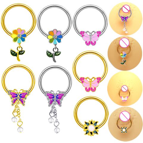 Casual Hip-hop Flower Butterfly Stainless Steel Copper White Gold Plated Gold Plated Rhinestones Nipple Ring In Bulk