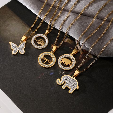 Ig Style Punk Dragonfly Butterfly Elephant Stainless Steel Plating Inlay Zircon Pendant Necklace