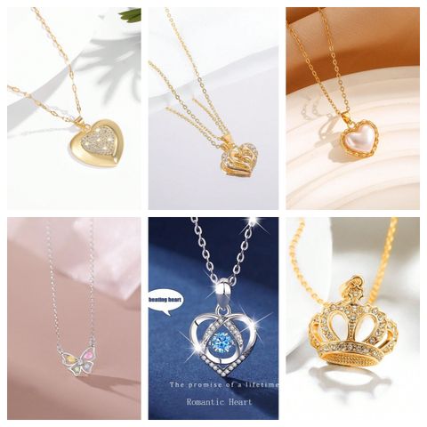 Ig Style Simple Style Heart Shape Crown Butterfly Alloy Copper Plating Inlay Rhinestones Zircon Women's Necklace