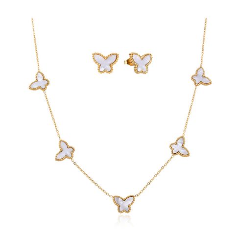 Elegant Simple Style Butterfly Stainless Steel Plating Inlay Shell Gold Plated Jewelry Set