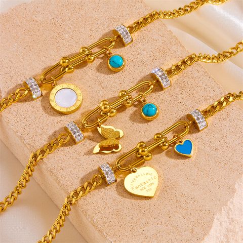 Elegant Simple Style Round Heart Shape Butterfly Titanium Steel 18K Gold Plated Acrylic Turquoise Rhinestones Bracelets In Bulk