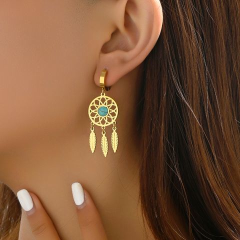 1 Pair Sweet Pastoral Dreamcatcher Feather Flower Tassel Hollow Out Inlay 201 Stainless Steel Turquoise Zircon 18K Gold Plated Drop Earrings