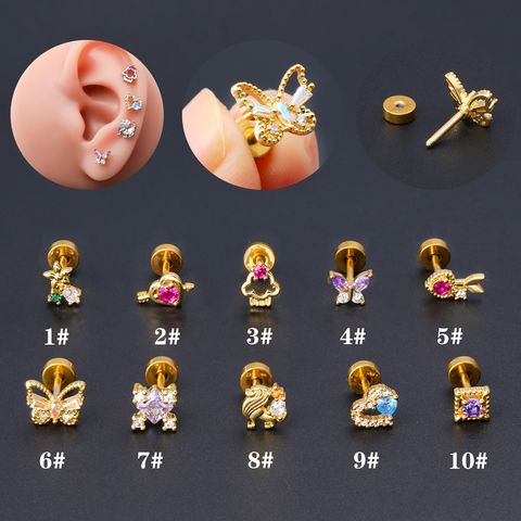 1 Piece Classic Style Heart Shape Butterfly Plating Inlay Stainless Steel Copper Zircon 18k Gold Plated Ear Studs