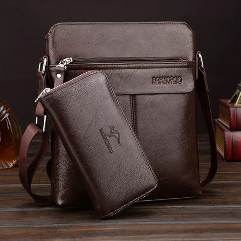 Men's Solid Color Pu Leather Zipper Shoulder Bag