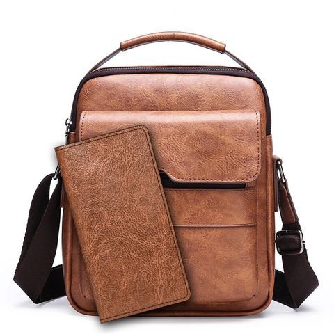 Men's Solid Color Pu Leather Zipper Crossbody Bag
