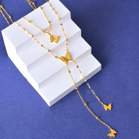 304 Stainless Steel 18K Gold Plated IG Style Simple Style Plating Inlay Palm Flower Butterfly Turquoise Shell Zircon Double Layer Necklaces