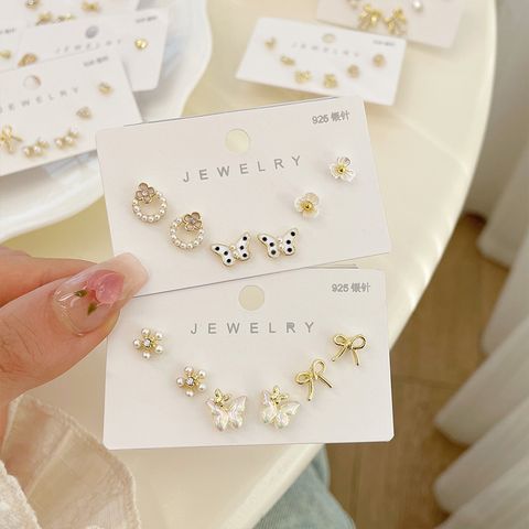 1 Set Lady Sweet Heart Shape Butterfly Bow Knot Inlay Alloy Artificial Rhinestones Artificial Pearls Ear Studs