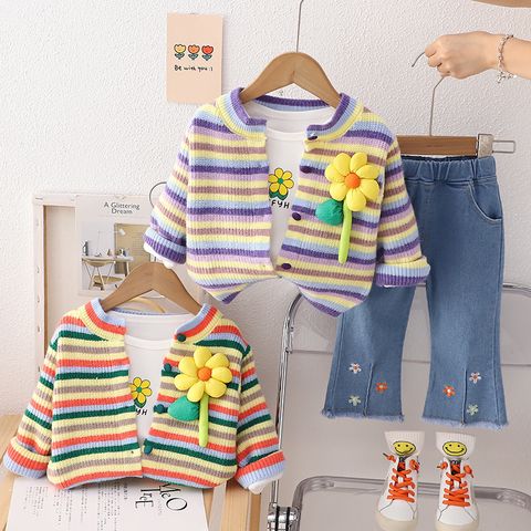 Simple Style Stripe Flower Cotton Knit Girls Clothing Sets