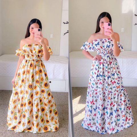 Women's Swing Dress Fashion Boat Neck Printing Short Sleeve Gradient Color Flower Butterfly Maxi Long Dress Stage