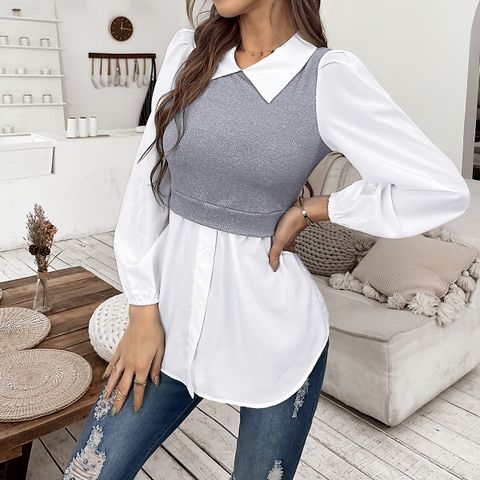 Women's Blouse Long Sleeve Blouses 2 In 1 Button Simple Style Color Block