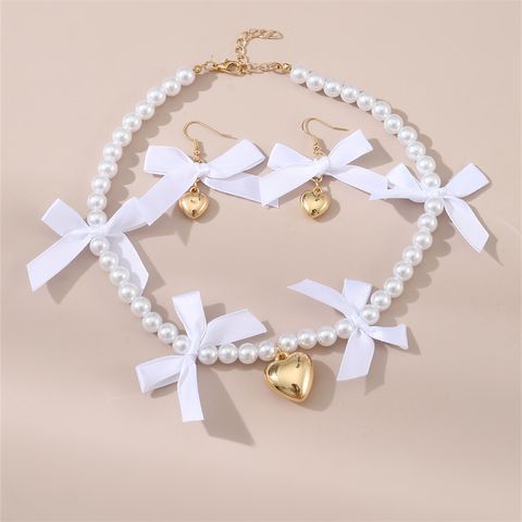Princess Sweet Bow Knot Beaded Artificial Pearl Beaded Artificial Pearls Girl's Jewelry Set