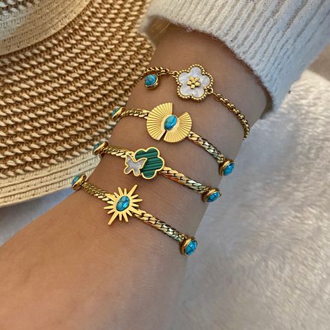 Stainless Steel 18K Gold Plated Retro Commute Plating Inlay Flower Butterfly Turquoise Bracelets