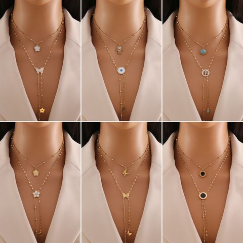 Wholesale Simple Style Hand Of Fatima Flower Butterfly Stainless Steel Plating 18K Gold Plated Pendant Necklace