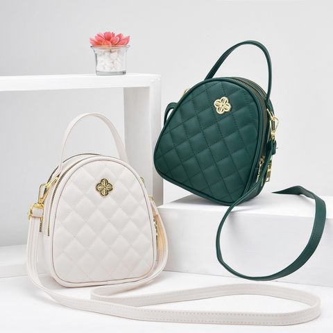 Women's Small Pu Leather Argyle Streetwear Oval Zipper Handbag Crossbody Bag