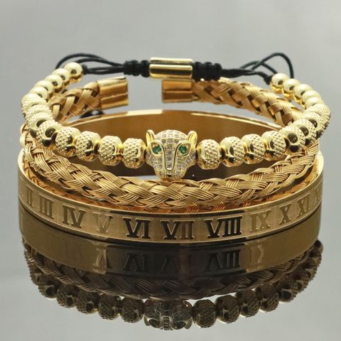 304 Stainless Steel Copper 18K Gold Plated Classic Style Braid Geometric Roman Numeral Jaguar Zircon Bangle