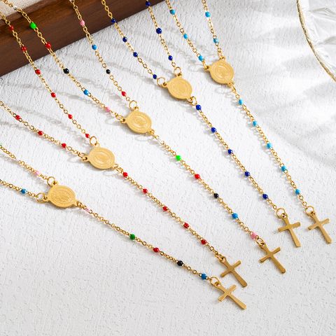 Elegant Klassisch Kreuzen Die Jungfrau Priester Rostfreier Stahl Perlen Überzug 18 Karat Vergoldet Halskette