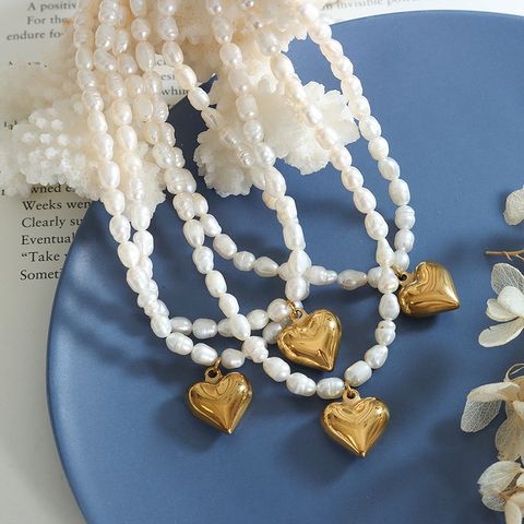 Fashion Heart Shape Titanium Steel Plating Artificial Pearls Pendant Necklace 1 Piece