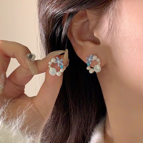 1 Pair Vacation Korean Style Starfish Enamel Inlay Alloy Rhinestones Pearl Ear Studs