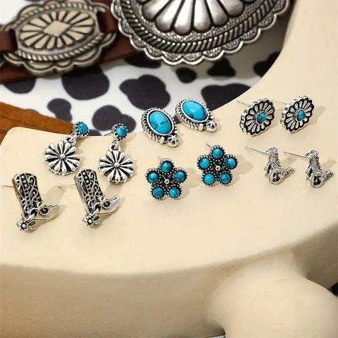 6 Pairs Hip-Hop Retro Color Block Inlay Alloy Turquoise Gold Plated Ear Studs